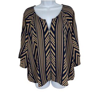 Chico's Chevron Print Navy & Beige  Zip Front 3/4 Sleeves Blouse Size 2 US L